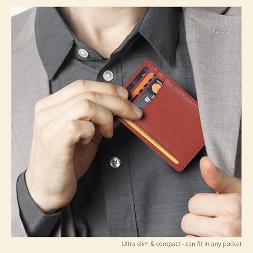 Image of Oak Leathers Leather Slim Minimalist Wallet for Men & Women RFID Front Pocket Leather Card Holder Wallets (Nappa Orange)