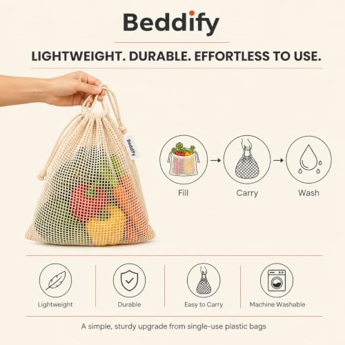 Image of Beddify 100% Cotton Set of 6 Reusable Fridge Storage Bags for Vegetables Fruits Garland and Toys Cotton Net Bags Eco-Friendly Dual Support Pull String Pouch