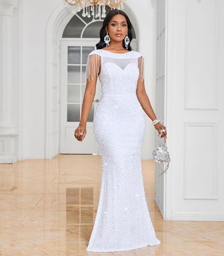 Image of Cololura Women Sexy Sequin Mesh Perspective Bodycon Party Cocktail Evening Gown Maxi Dress