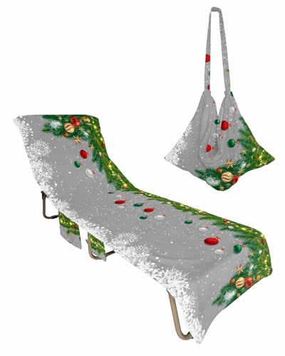 Grey Christmas Beach Lounge Chair Towel Cover, Soft Chaise Lounge Towel with Side Pockets Patio Pool Chairs Cover for Beach/Pool Sunbathing 29x85 Xmas Balls Botanical Winter Snowflake
