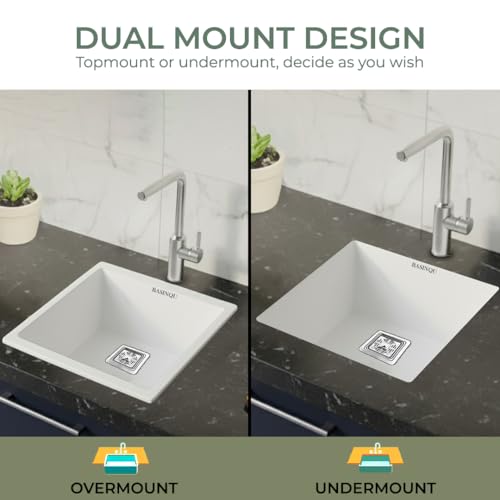 Image of BASINQU Quartz Sink for Kitchen | 18x16x9 Inches White Single Bowl Kitchen Sink | Granite UV Protected, Granite Scratch Resistant, Undermount /Topmount