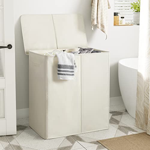 WOWLIVE 154L Double Laundry Hamper with Lid and Removable Bags - Collapsible 2-Section Storage for Dorm Room, Bedroom, and Bathroom, Beige