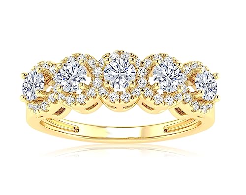 0.75 to 3 Carat 5 Diamond Five Stone Halo LAB GROWN Diamond Wedding Band Ring (E-F Color VS1-VS2 Clarity)