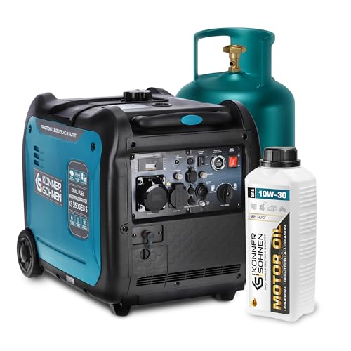 LPG/Benzin Inverter Stromgenerator KS 5500iEG S & 10W-30 von Könner & Söhnen. stromerzeuger 5500 W,Schuko-Steckdose 230 V,CEE-Steckdose 230V 32A, 2 USB-Anschlüsse, notstromaggregat EURO V