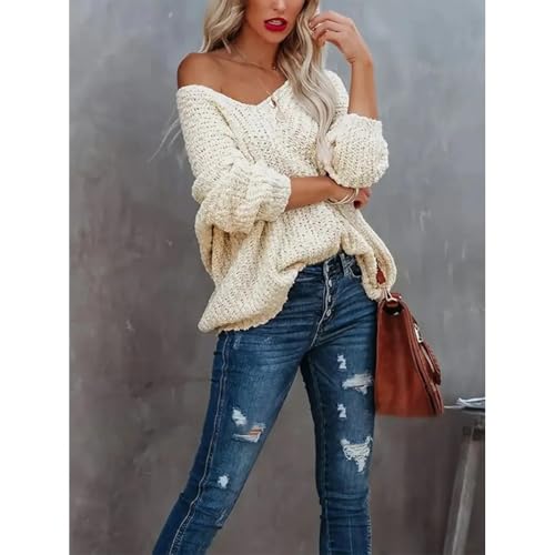 Women's Off-The-Shoulder Sweater Loose Lightweight Pullover Top V-Neck Hollow Knitted Long-Sleeved Solid Color Autumn3