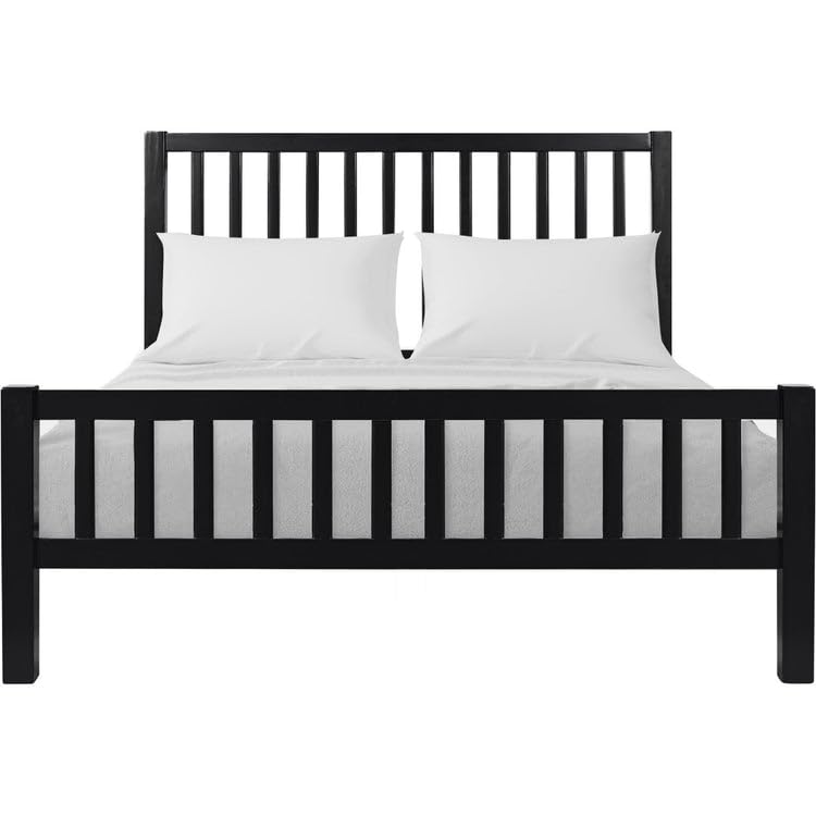 Image of Metal Bed Frame (or Spindle Metal Bed Frame /Platform Bed) Matte Black Steel /Heavy-Duty Metal Frame Vertical Spindle Slat Headboard and Footboard Platform Bed.