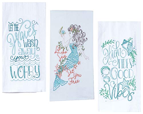 mermaid dish set - Mermaid Themed Kitchen Dish Towels Set with Sayings | Mermaids, Seashell, Starfish Print | 2 Flour Sack and 1 Terry Cotton Towels for Dishes and Hand Drying