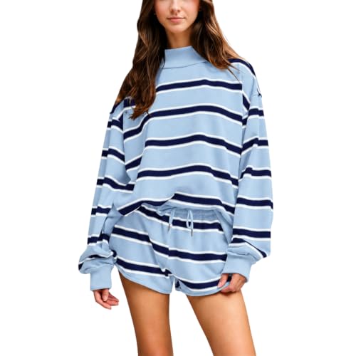 Womens Sweatsuits 2 Piece Set Striped Two Piece Mock Neck Sweatshirt Shorts - image 1