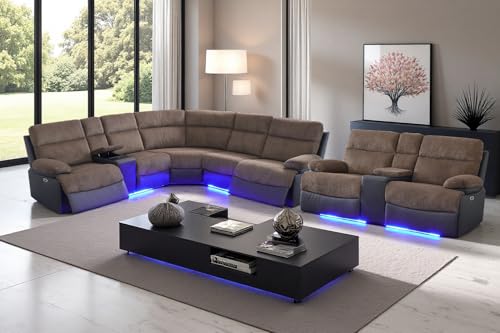 Image of Power Recliner Sectional Sofa Set, Living Room Furniture Sets, L-Shaped Recliner Sofa & Loveseat, Breathing Leather & Corduroy Sectional Reclining Couch with Cup Holders for Living Room