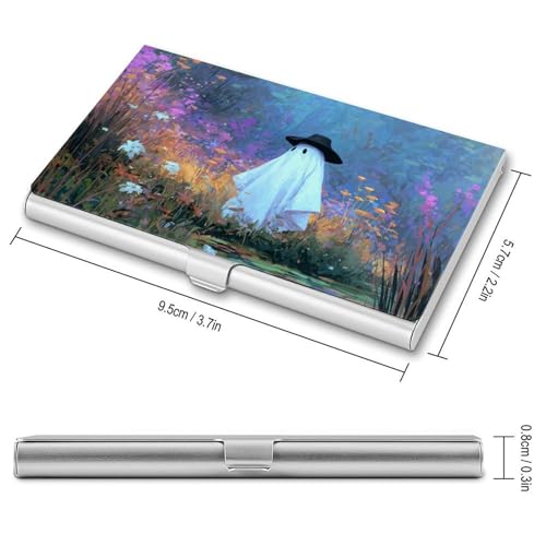 Cute Ghost Black Hat Wildflowers Business Card Holder, Pocket Slim Portable Metal Business Card Case for Women Men2