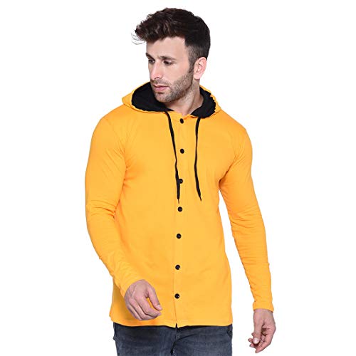 Image of Geum Men's Full Sleeve Hooded T-Shirt with Button-Down Front | Casual Slim Fit Cotton Shirt-Style Tee