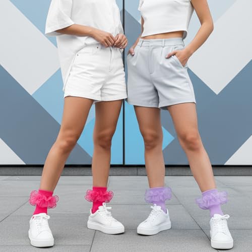 Image of Geyoga 3 Pairs Women Big Ruffle Socks Turn Cuff, Double Lace Ankle Cotton Frilly Socks for Ladies Summer