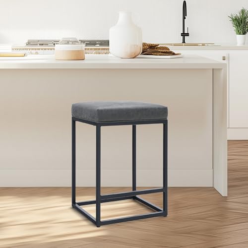 ALPHA HOME Taburete de bar, taburete de bar de altura con reposapiés, silla de desayuno de cuero de PU, sin respaldo, silla de cocina, comedor, cafetería para interior y exterior (gris)