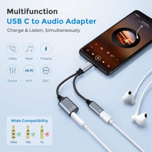 Image of Verilux USB C to 3.5mm Adapter 3 in1 with Charging and DAC Audio
