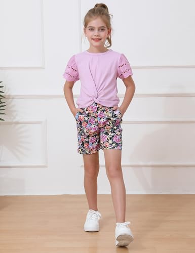 Image of mksodop Girls Clothes 2-Piece Teen Girls clothes Lace Hollow Short-Sleeved Twist T-Shirt And Floral Short Girl Summer Outfits