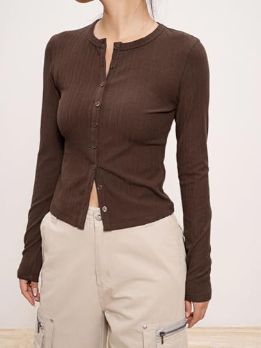 Sdencin Women Stylish Crew Neck Long Sleeve Open Front Button Down Knit Cardigan Fall Slim Fit Button Up Sweater Tops2