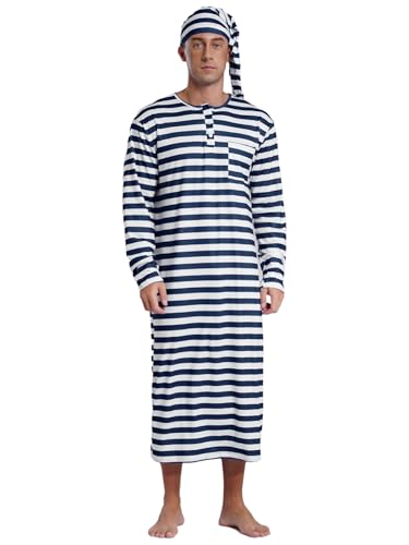 Men's Nightshirt Long Sleeve Nightgown Henley Sleep Gowns with Night Cap Christmas Sleepwear