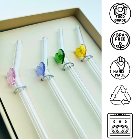 Image of THE Empty Space Set of 4 Reusable Glass Straws, Colorful Heart Shaped with Gift Packaging for Smoothies, Milkshakes, Juices, Teas, Perfect for Parties & Gifts | 7 inch Height 4 PCs (Heart)