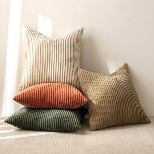 MIULEE Pack of 4 Rust-Olive Green Corduroy Decorative Throw Pillow Covers 18x18 Inch Soft Boho Striped Pillow Covers Modern Farmhouse Home Decor for Sofa Living Room Couch Bed
