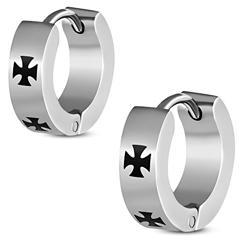 BlackAmazement 2er Set 316L Edelstahl Klapp Creolen Ohrringe Kreuz Cross Templer Biker Herren Cover