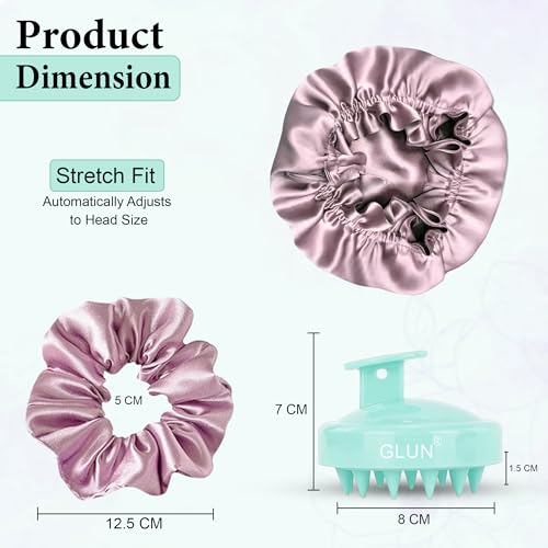 Image of GLUN Anti-Dandruff Round Turquoise Scalp Massager with Elastic Closing Pink Hair Bonnet Cap with 3 Satin Scrunchies Combo, Treatment Accessories for Hairs, Ideal for Curly & Natural Hair