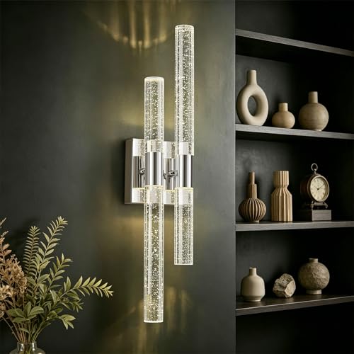Image of Modern LED Vanity Light Bubble Crystal Sconces Wall Lighting Chrome Wall Sconce Hardwired 21.25in 4000K Vertical and Horizontal Wall Mounted Sconces for Bedroom Living Room Hallway(1-Pack)