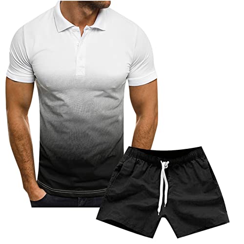 Men Short Sleeve T-shirt Shorts Set Fashion Gradient Button Lapel Plus Size Tee Shirt Short Pant Sport Casual Suit