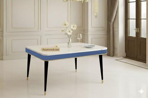 Image of Swiss Modern Dining White Marble Top Table Set with Sheesham Wood Legs, 6 Seater with Upholstered Chairs (71x36x30 Inches) (Blue)