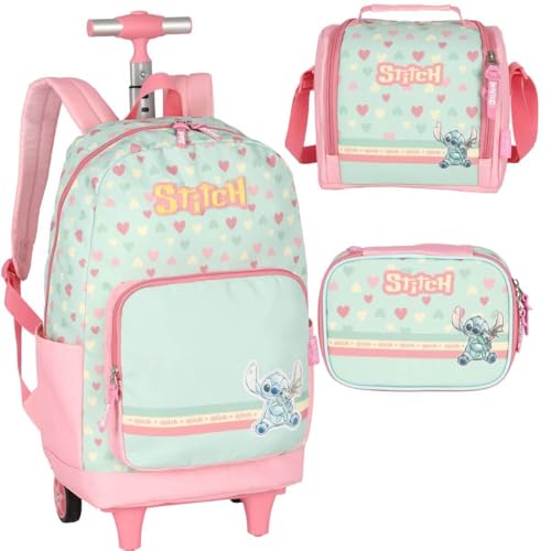 Mochila Stitch com Rodinhas Lancheira Térmica E Estojo MC50092SC Verde