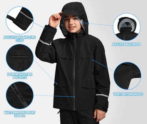 Kids Rain Suit Jacket and Pants Set with Reflective Strips Adjustable Hood Flap Pocket for Boys Girls4