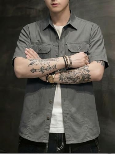 Image of SMOWKLY Men's Casual Solid Printed Cotton Regular Fit Shirt || Half Sleeve, Button Down, Double Front Pocket || Denim Jacket Style Fashionable Western Outfit