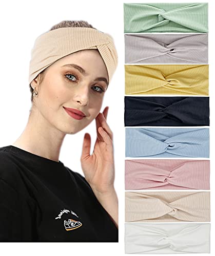 8 Pack Turban Thread Headbands for Women Wide Head Wrap Knotted Elastic Teen Girls Yoga Workout Solid Color Hair Accessories