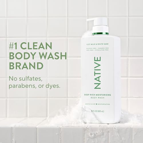 Image of Native Moisturizing Body Wash, Clean & Gentle 24-Hour Hydration with Shea Butter, for Sensitive and Dry Skin, for Women & Men, Sulfate-free, Paraben-free, Lily Milk & White Sage, 22 fl oz