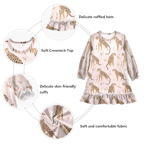 Girls Dress Cheetah and Plants Long Sleeve Ruffled Hem Velvet Dress3