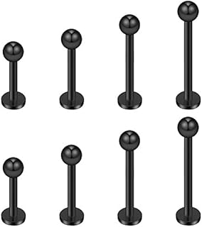 Ruifan 4prs(8pcs) 16G 316L Stainless Steel 3mm Ball Labret Monroe Lip Tragus Helix Earring Stud Barbell Ring Body Piercing Jewelry Kit Bar Length 6mm/8mm/10mm/12mm(Black)