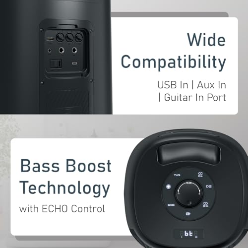 Image of Portronics Dash 14 120W Party Speaker with Wireless Karaoke Mic, 4 Hours Playtime, Bass Boost Technology, RGB LED Lights, Dual Bass Driver, BT V5.3, USB /AUX in, Type C Charging(Black)