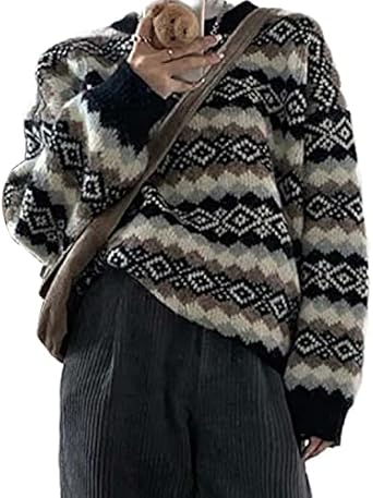 Women's Argyle Print Pullover Aztec Western Sweater Crewneck Grandpa Sweaters Vintage Aesthetic Fairy Grunge Clothes (L,Black)