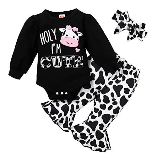 Image of GRNSHTS Newborn Girl Clothes Baby Cow Letter Print Romper+Long Pants+Headband 3PCS Cute Summer Fall Outfits