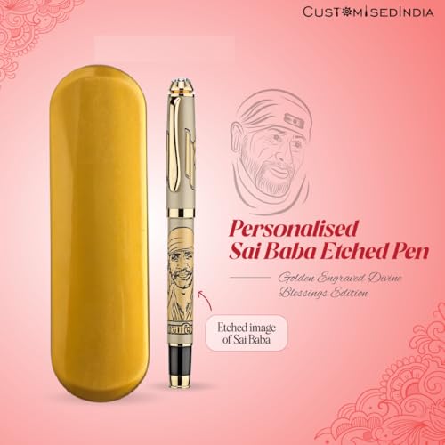 Image of Lord Sai Baba Etched Pen | Shraadha & Saburi Etched Design | Shirdi Sai Baba Engraved Figure | Brass Metal Engraved Pen for Office Use |