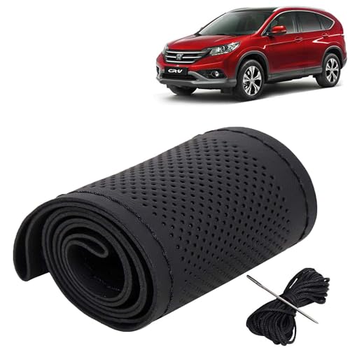 Image of KINGSWAY PU Leatherite Car Steering Cover Sewable Compatible with Honda CRV (Year 2012-2018), Black Color with Black Thread, Pack of 1 with Sewing Needle and Thread
