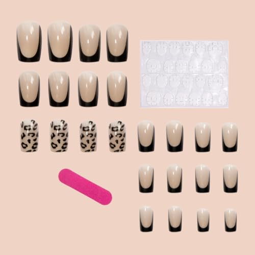 Image of Black french tip Press on Nails Leopard Print Nail Press ons Medium Square Fake Nails with Design Glossy Full Cover Glue on Nail Artificial Acrylic Stick on Nail foe Women Girls Manicure 24Pcs
