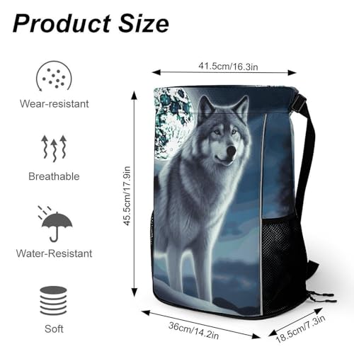 Drawstring Gym Backpack with Shoe Compartment And Wet Pocket, 28L Lightweight Waterproof Wolf Under Moon Sports Backpack for Workout Swim Beach Travel String Bag for Men Women2