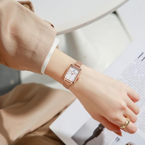 Image of London Fog Victoria Collection Analog Quartz Watch for Women with Textured Dial, Rectangular Metal Case, Mineral Glass, Mesh Strap & Water Resistant - LFW20006
