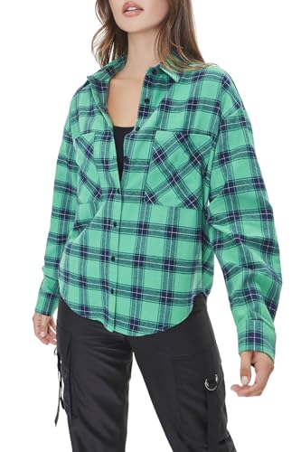 Forever 21 Camisa feminina xadrez de flanela com botões frontais, Verde, M