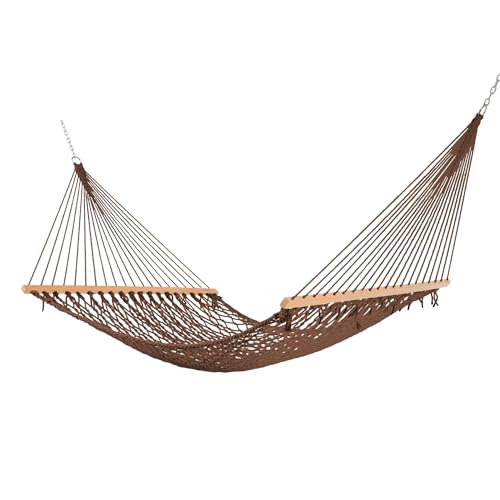 Castaway Living 13 ft. Double Traditional Hand Woven Antique Brown Polyester Rope Hammock – 2-Person, 450 lb Capacity, Free Extension Chains & Tree Hooks, Designed in The USA