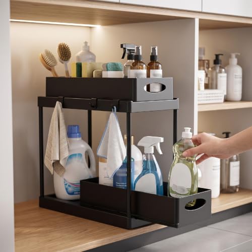 Asixxsix organizador de almacenamiento debajo del fregadero, 2 niveles, color negro, con cajones extraíbles y construcción en plástico ABS para cocina y baño miniatura 3