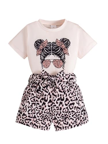 Image of Girl's 2 Pcs Outfits Short Sleeve Graphic T-Shirt Top and Paperbag Waist Shorts Set with Belt