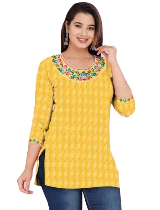 Image of HMS Women Ethnic Short Kurti with Modern Minimal Stylish Look Perfect for Everyday Fashion Appeal Yellow 2XS