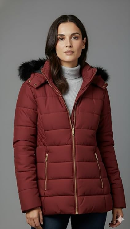 Image of Automan Women's Winter Puffer Jacket with Hood, Full Sleeve, Quilted, Zipper Closure for Cold Weather