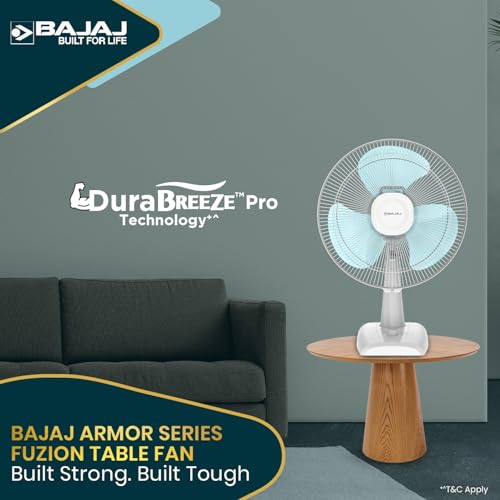 Image of Bajaj Armor Series Fuzion 400MM Table Fan For Home | Durabreeze Pro Technology | Surge Protection | 100% Copper Motor | High Air Delivery | 3 Years Warranty 【White BlueTint】